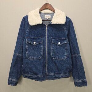Rails Cheyenne Faux Shearling Collar Denim Zip Up Utility Jacket M Pockets